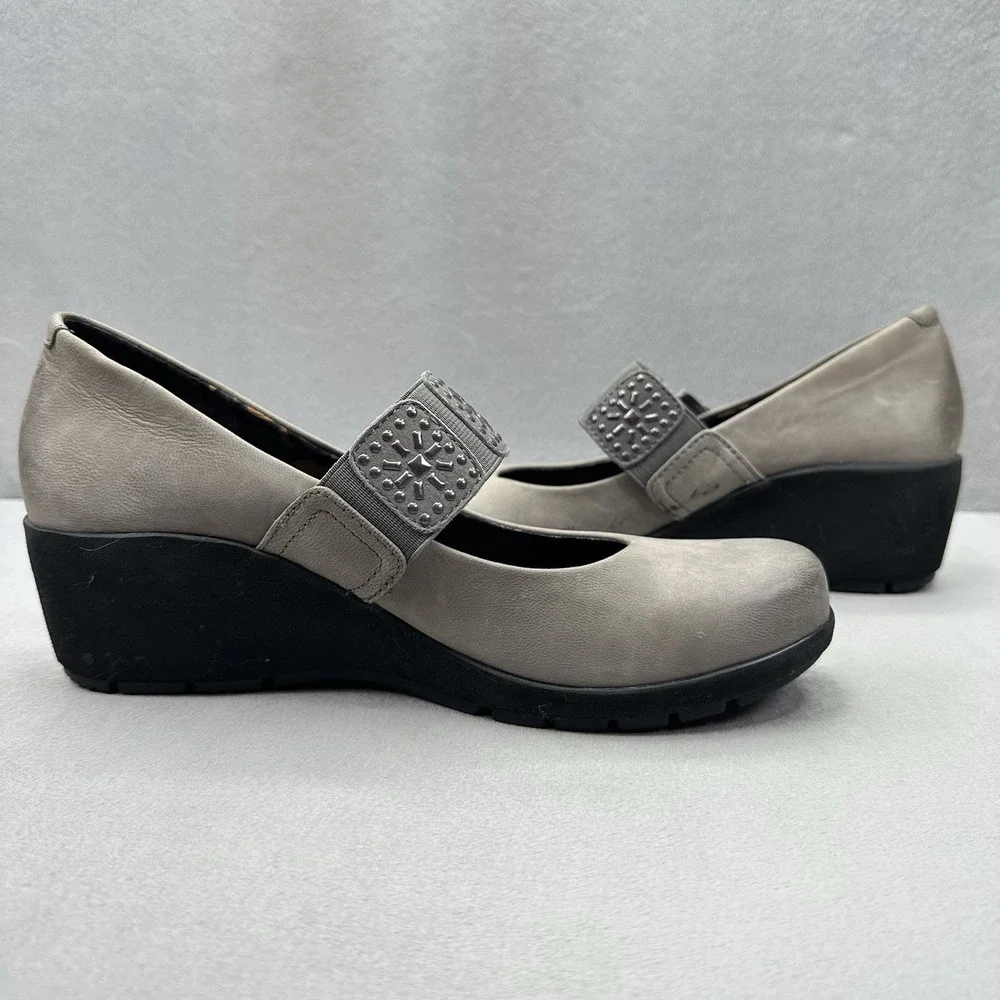 Womens 7.5-8 Aetrex Mia Mary Jane Gray Leather Wedge Arch Support Comfort Shoe‎